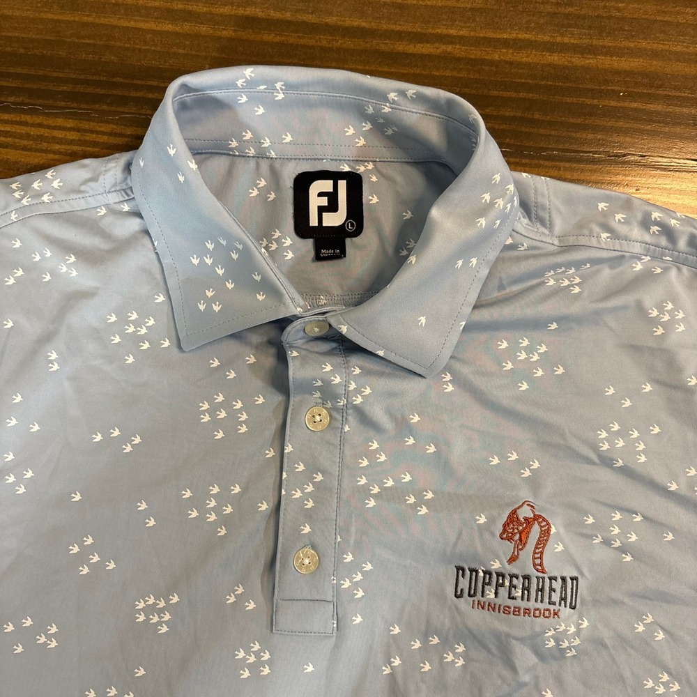 FOOTJOY FJ Copperhead Innisbrook Mens Large Blue Bird Print Golf Polo Stretch - Picture 2 of 8